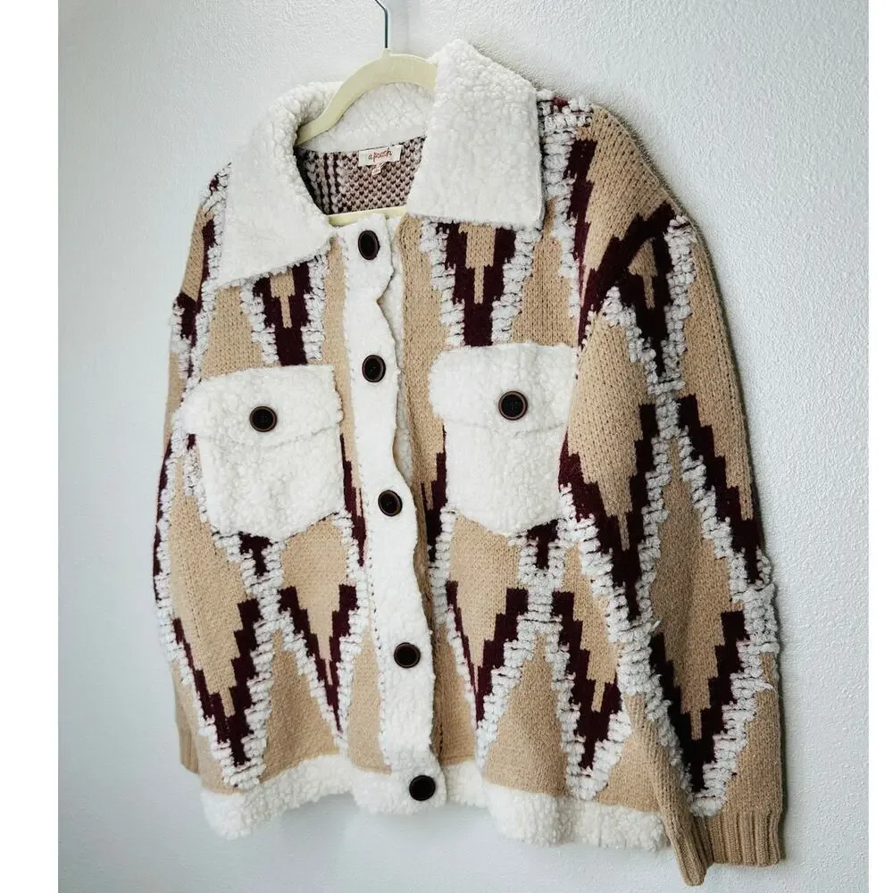 a. peach Tan Ivory Burgundy Southwest Print Button Collared Sweater Jacket S - Picture 4 of 13